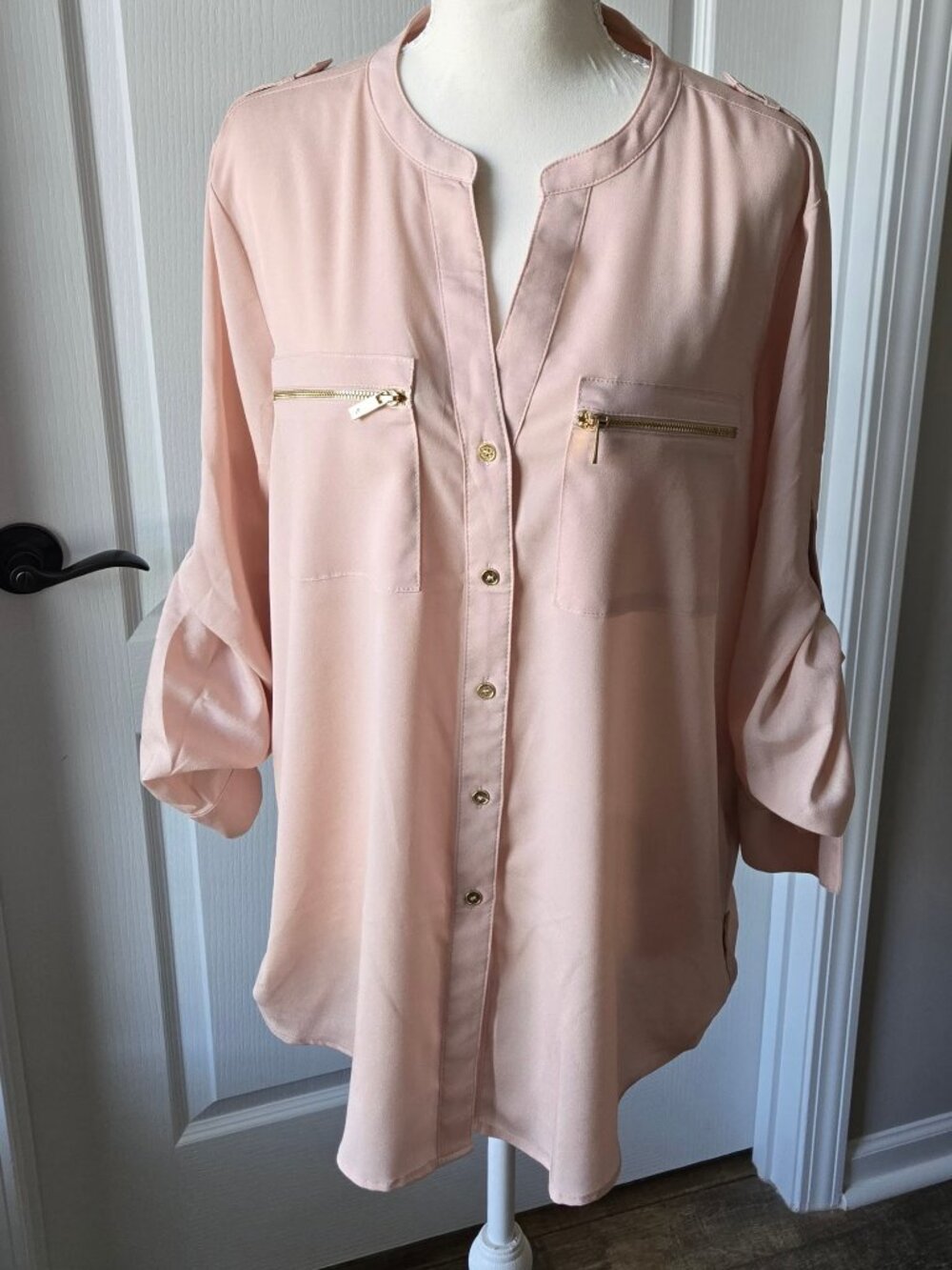 Calvin Klein Zip Pocket Utility Blouse Top - Blush Pink - L